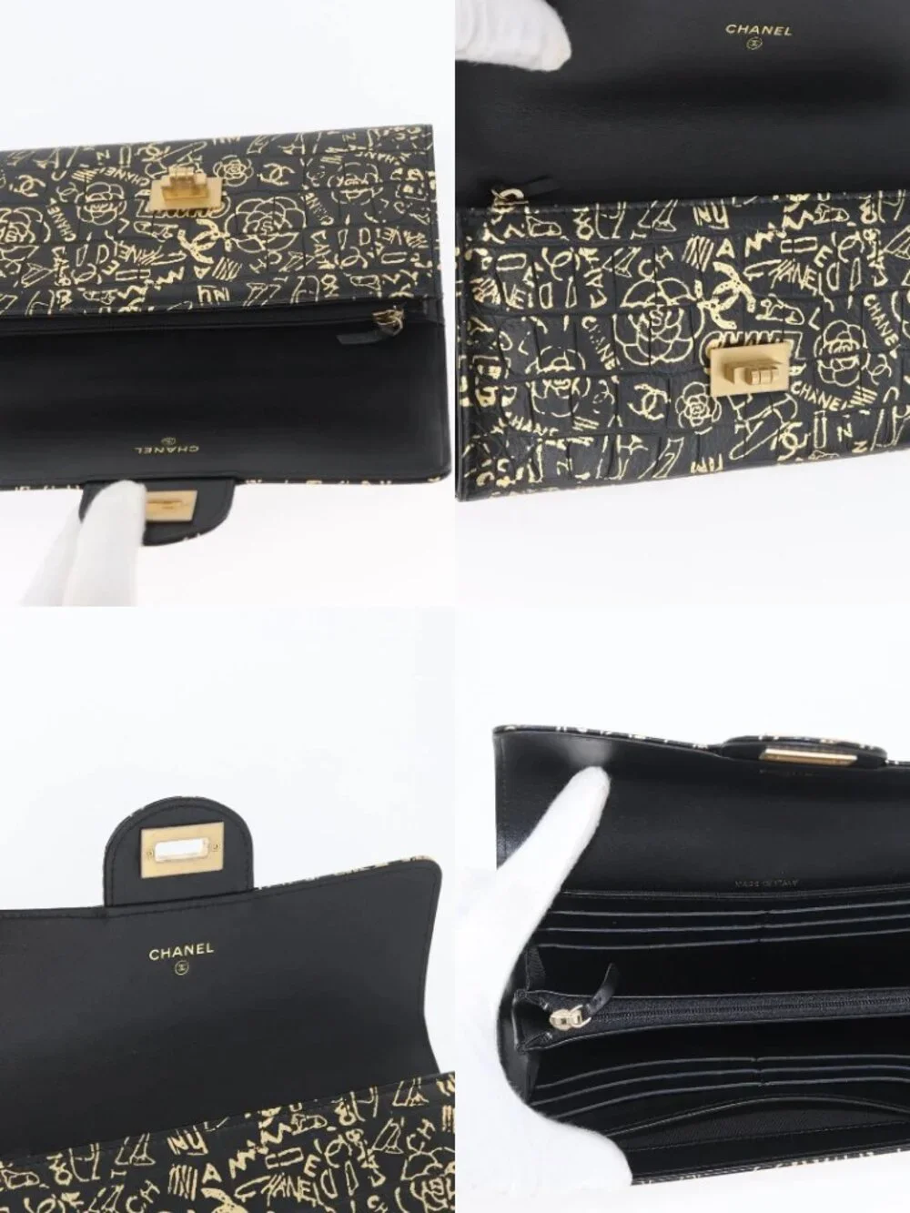 CHANEL 2.55 Long Wallet Croco Embossed Black Gold CC Auth 172450SAV